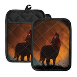 Red Moon Howling Wolf Print Pot Holders With Pocket