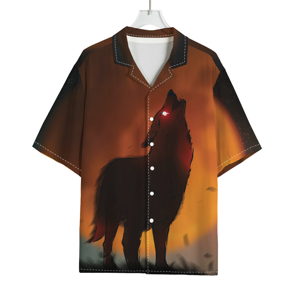 Red Moon Howling Wolf Print Rayon Hawaiian Shirt