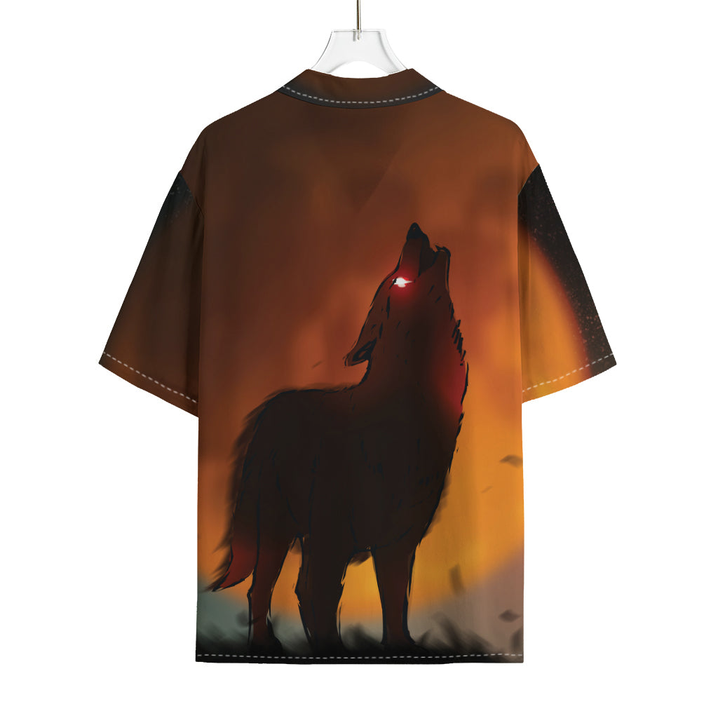 Red Moon Howling Wolf Print Rayon Hawaiian Shirt