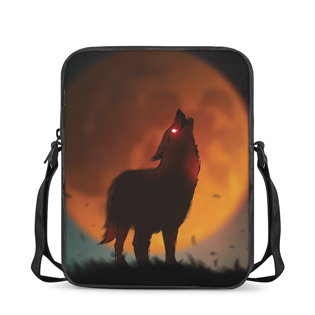 Red Moon Howling Wolf Print Rectangular Crossbody Bag