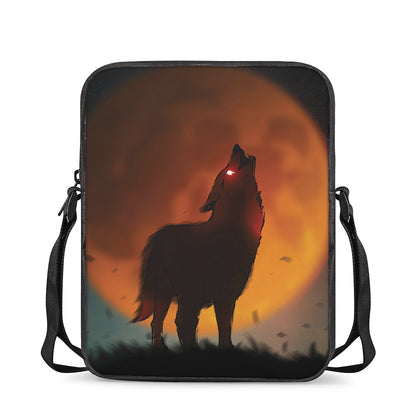 Red Moon Howling Wolf Print Rectangular Crossbody Bag