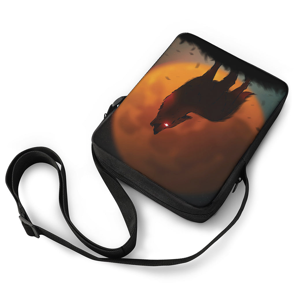 Red Moon Howling Wolf Print Rectangular Crossbody Bag
