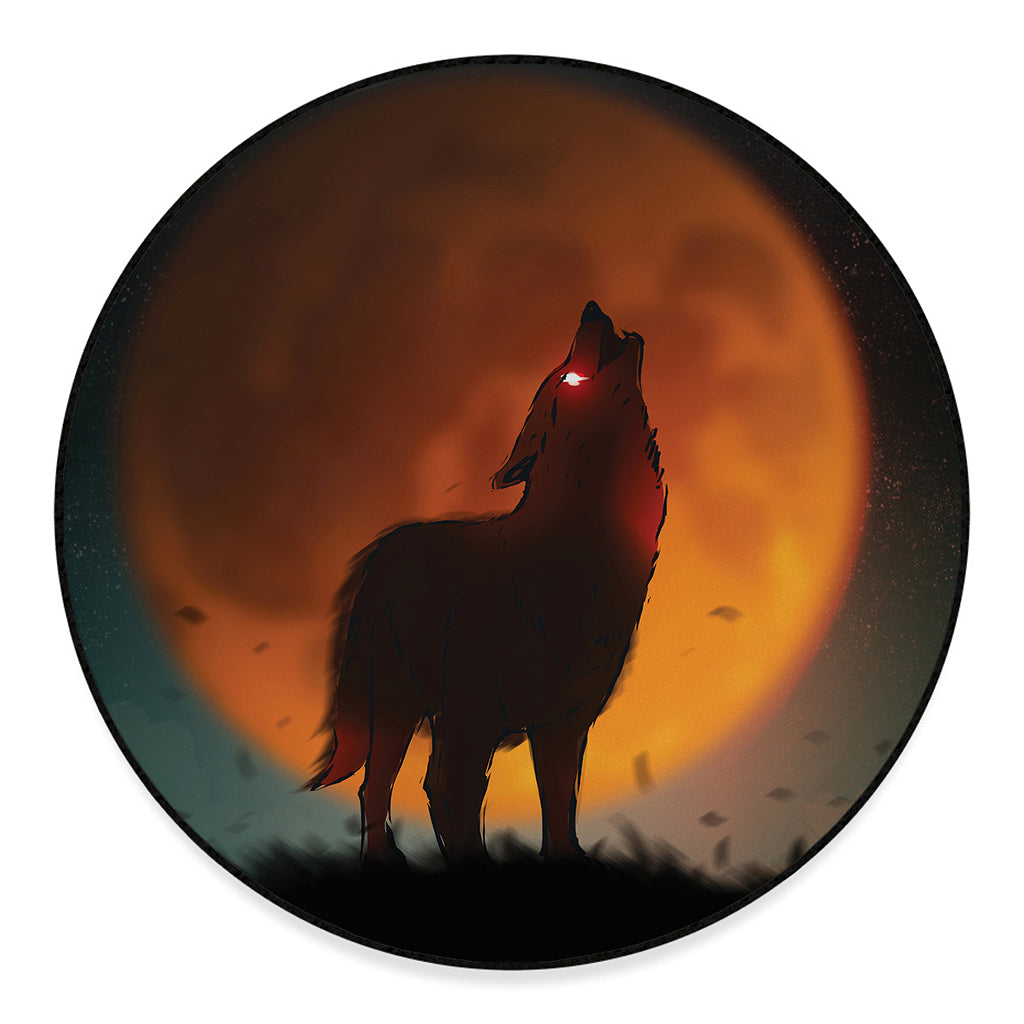 Red Moon Howling Wolf Print Round Floor Mat