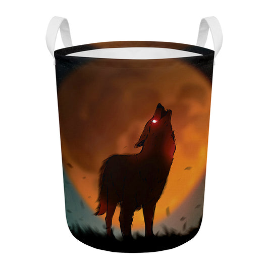 Red Moon Howling Wolf Print Round Laundry Basket