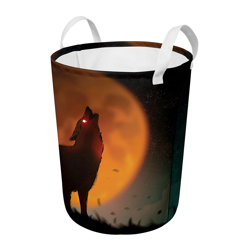 Red Moon Howling Wolf Print Round Laundry Basket