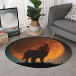 Red Moon Howling Wolf Print Round Rug