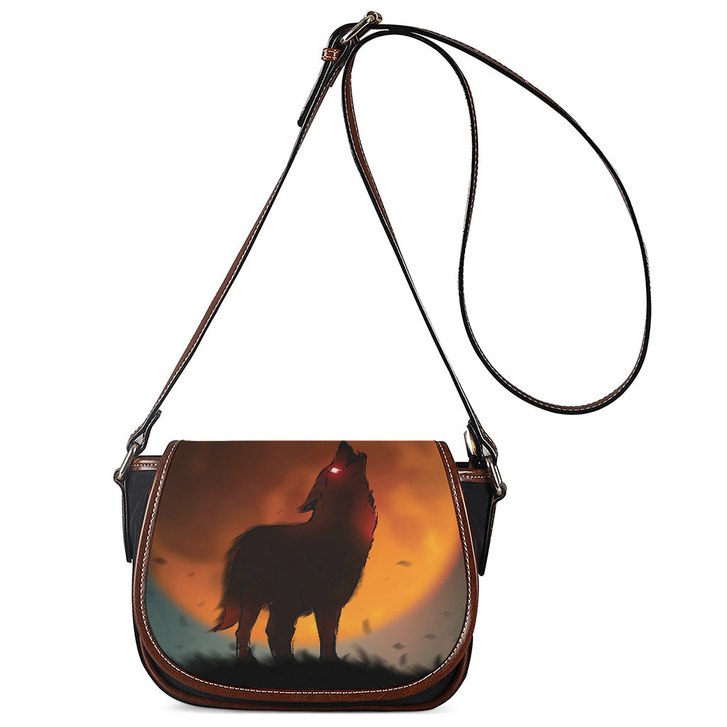 Red Moon Howling Wolf Print Saddle Bag