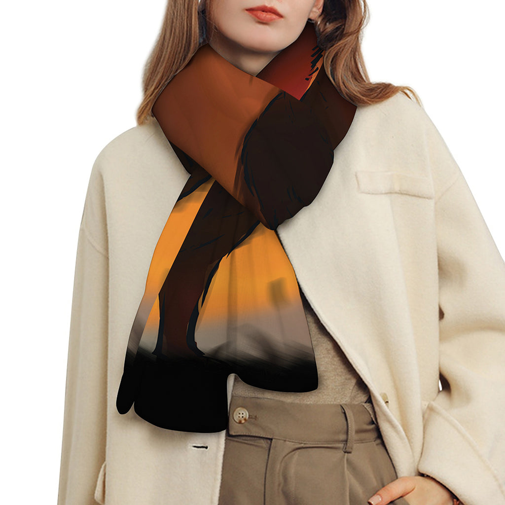 Red Moon Howling Wolf Print Scarf