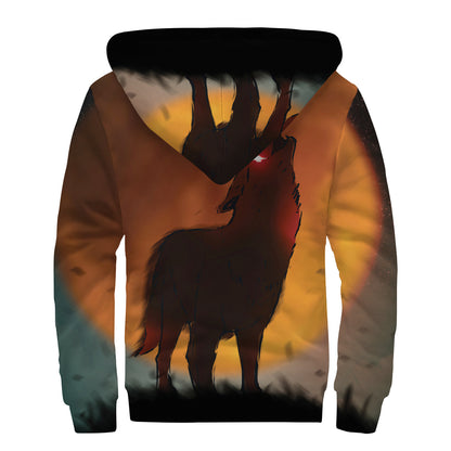 Red Moon Howling Wolf Print Sherpa Lined Zip Up Hoodie