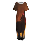 Red Moon Howling Wolf Print Short Sleeve Long Nightdress