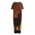 Red Moon Howling Wolf Print Short Sleeve Long Nightdress