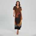 Red Moon Howling Wolf Print Short Sleeve Maxi Dress