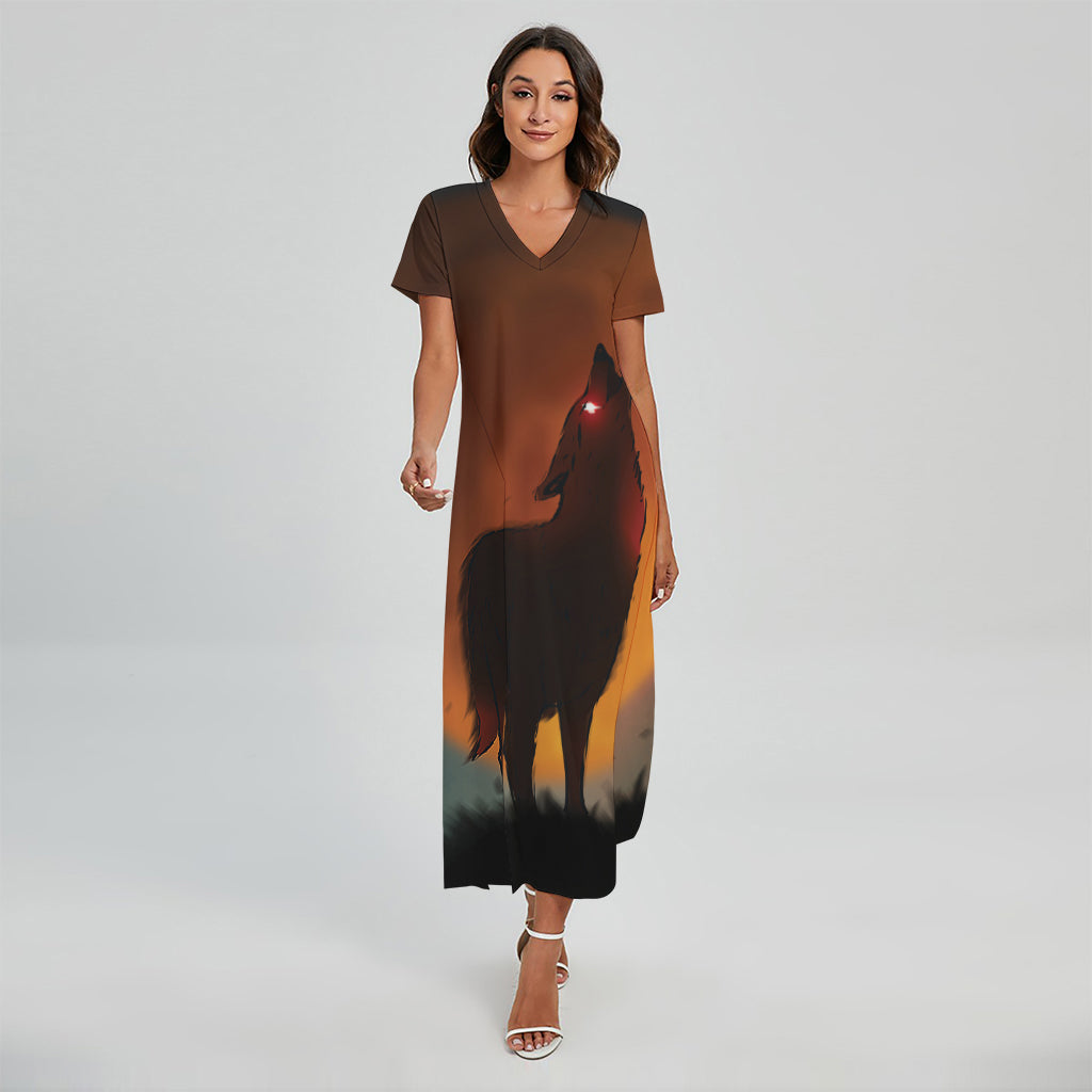 Red Moon Howling Wolf Print Short Sleeve Maxi Dress