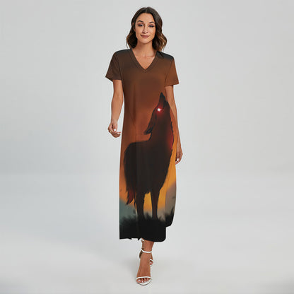 Red Moon Howling Wolf Print Short Sleeve Maxi Dress
