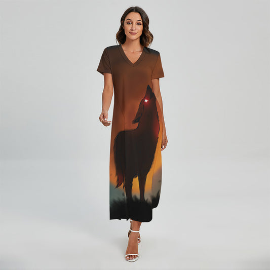 Red Moon Howling Wolf Print Short Sleeve Maxi Dress