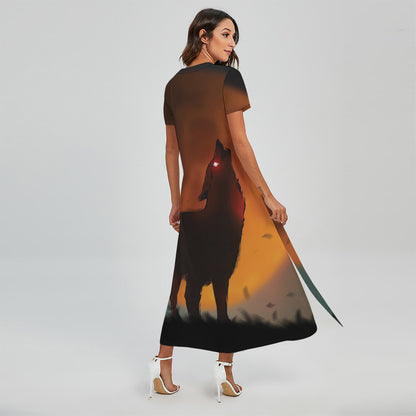 Red Moon Howling Wolf Print Short Sleeve Maxi Dress