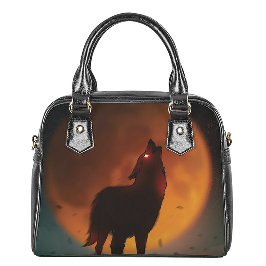 Red Moon Howling Wolf Print Shoulder Handbag