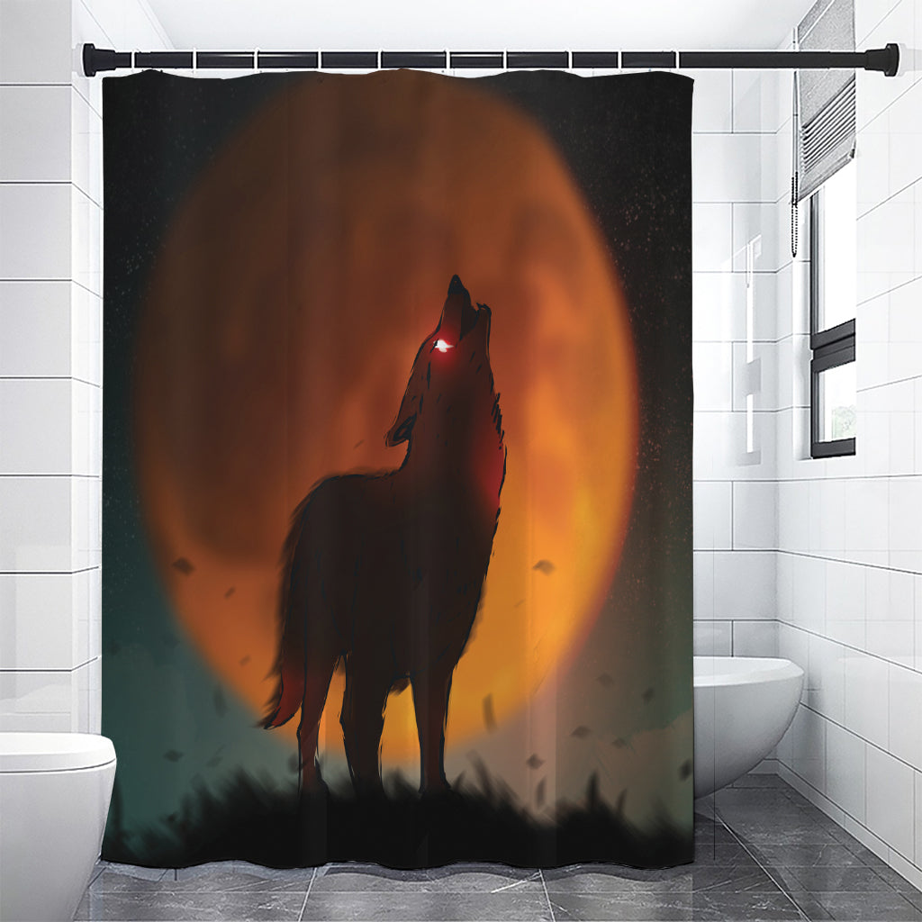 Red Moon Howling Wolf Print Shower Curtain