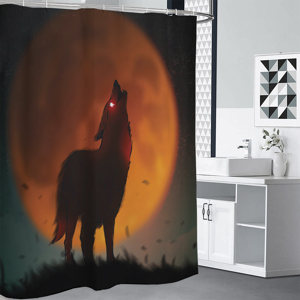 Red Moon Howling Wolf Print Shower Curtain