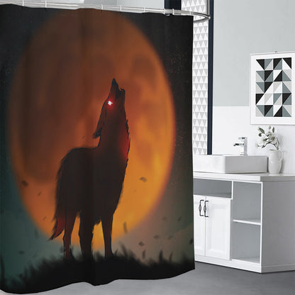 Red Moon Howling Wolf Print Shower Curtain