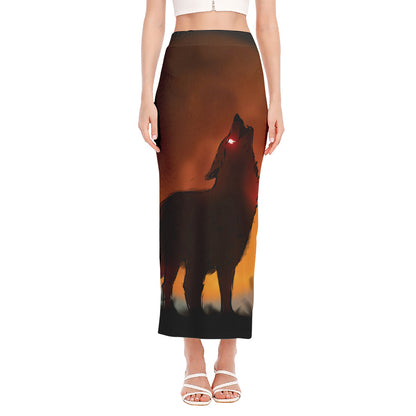Red Moon Howling Wolf Print Side Slit Maxi Skirt