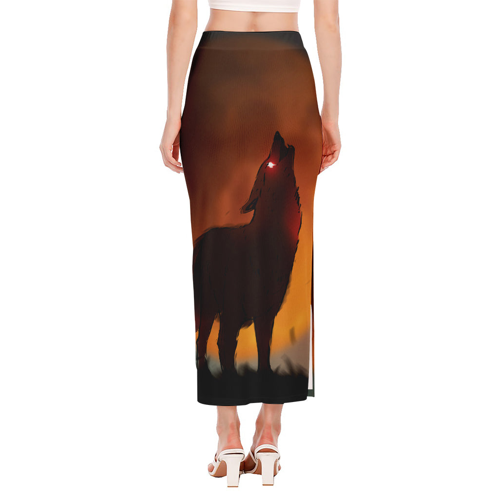 Red Moon Howling Wolf Print Side Slit Maxi Skirt