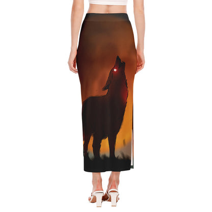 Red Moon Howling Wolf Print Side Slit Maxi Skirt