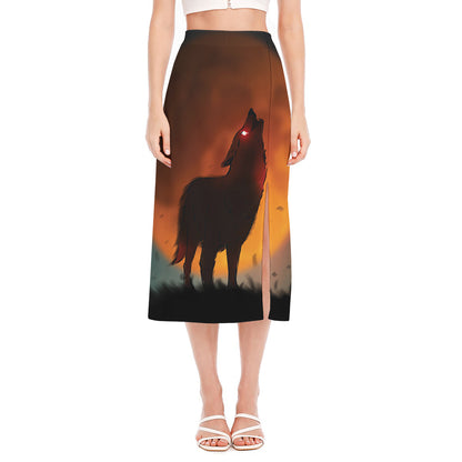 Red Moon Howling Wolf Print Side Slit Midi Skirt