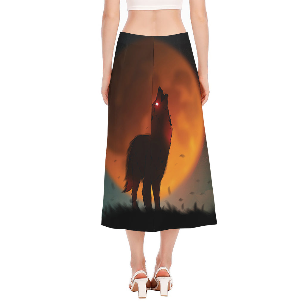 Red Moon Howling Wolf Print Side Slit Midi Skirt