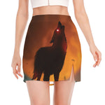Red Moon Howling Wolf Print Side Slit Mini Skirt