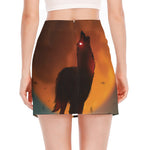 Red Moon Howling Wolf Print Side Slit Mini Skirt