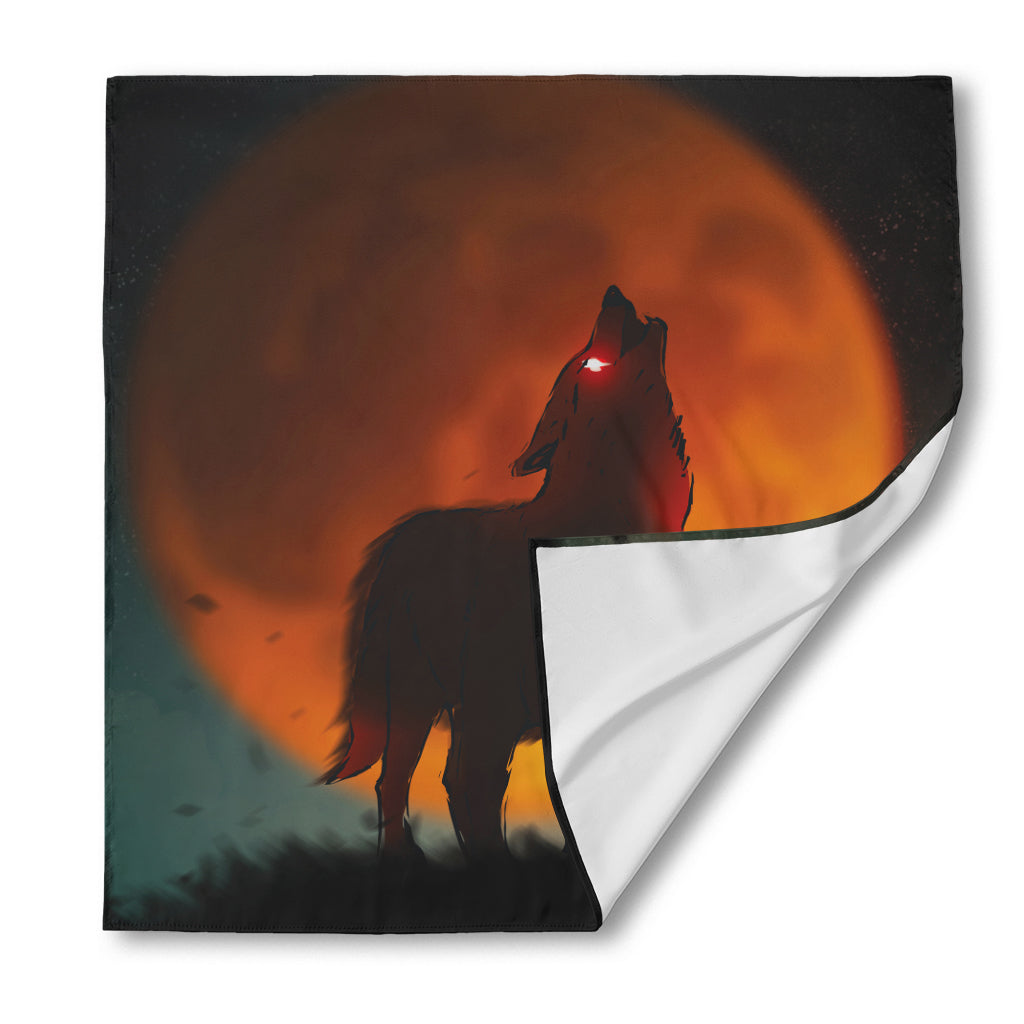 Red Moon Howling Wolf Print Silk Bandana