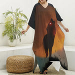 Red Moon Howling Wolf Print Silk V-Neck Kaftan Dress