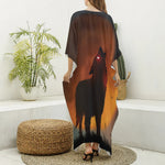 Red Moon Howling Wolf Print Silk V-Neck Kaftan Dress
