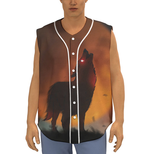 Red Moon Howling Wolf Print Sleeveless Baseball Jersey