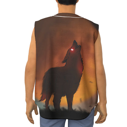 Red Moon Howling Wolf Print Sleeveless Baseball Jersey