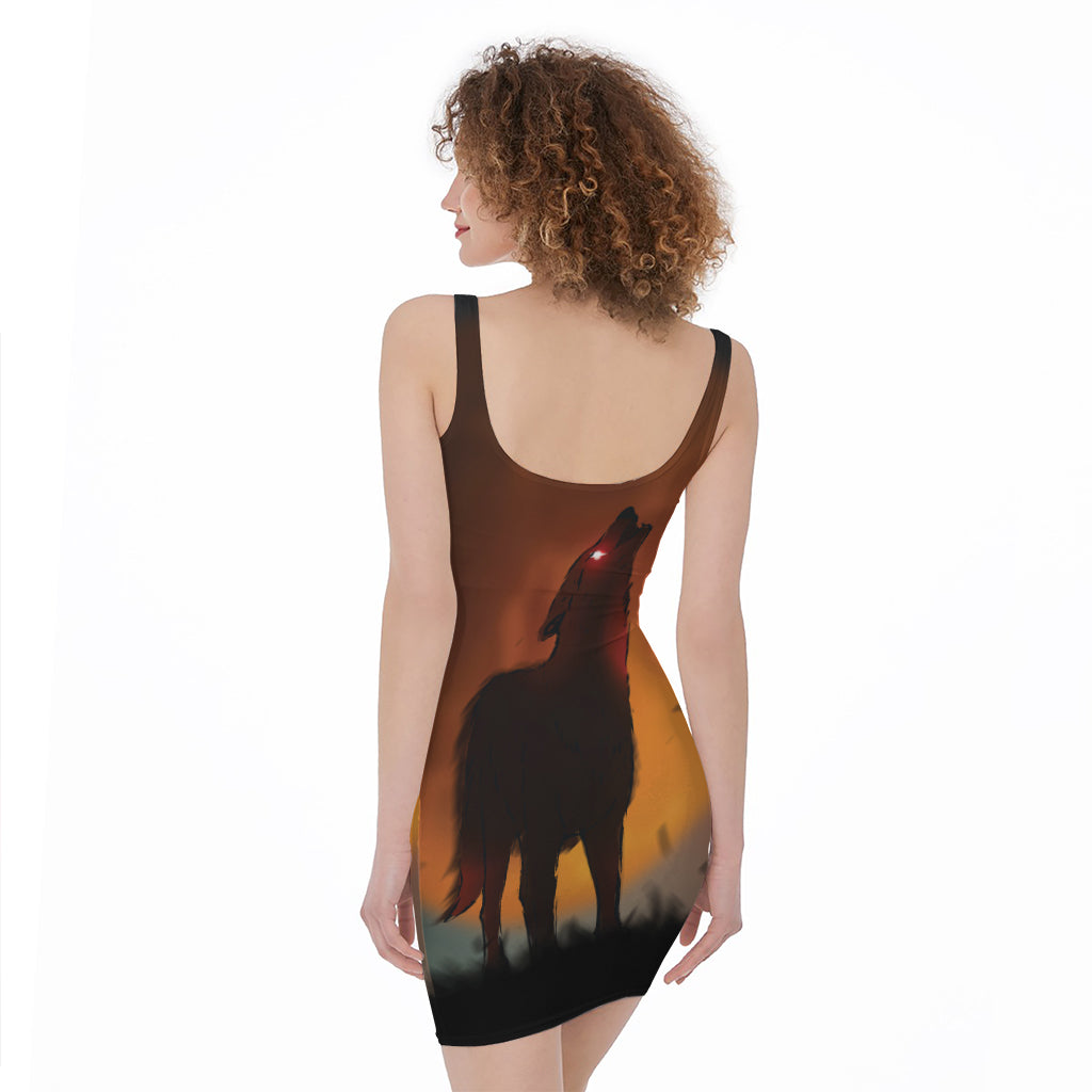 Red Moon Howling Wolf Print Sleeveless Bodycon Dress