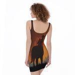 Red Moon Howling Wolf Print Sleeveless Bodycon Dress