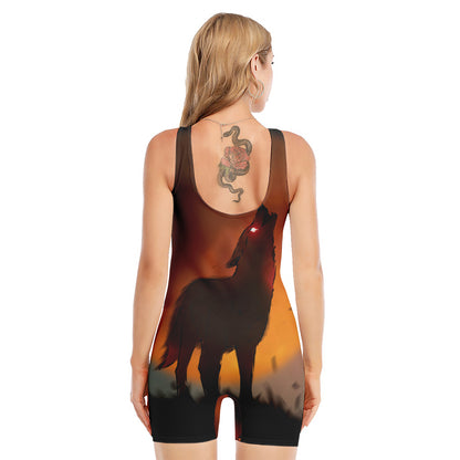Red Moon Howling Wolf Print Sleeveless One Piece Swimsuit