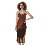 Red Moon Howling Wolf Print Slim Fit Midi Cami Dress