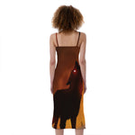 Red Moon Howling Wolf Print Slim Fit Midi Cami Dress