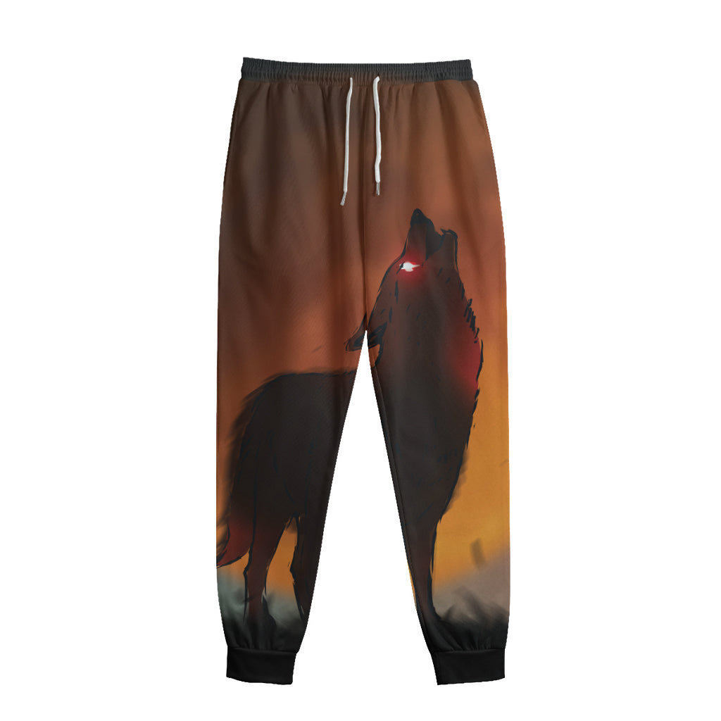 Red Moon Howling Wolf Print Sweatpants
