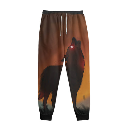 Red Moon Howling Wolf Print Sweatpants