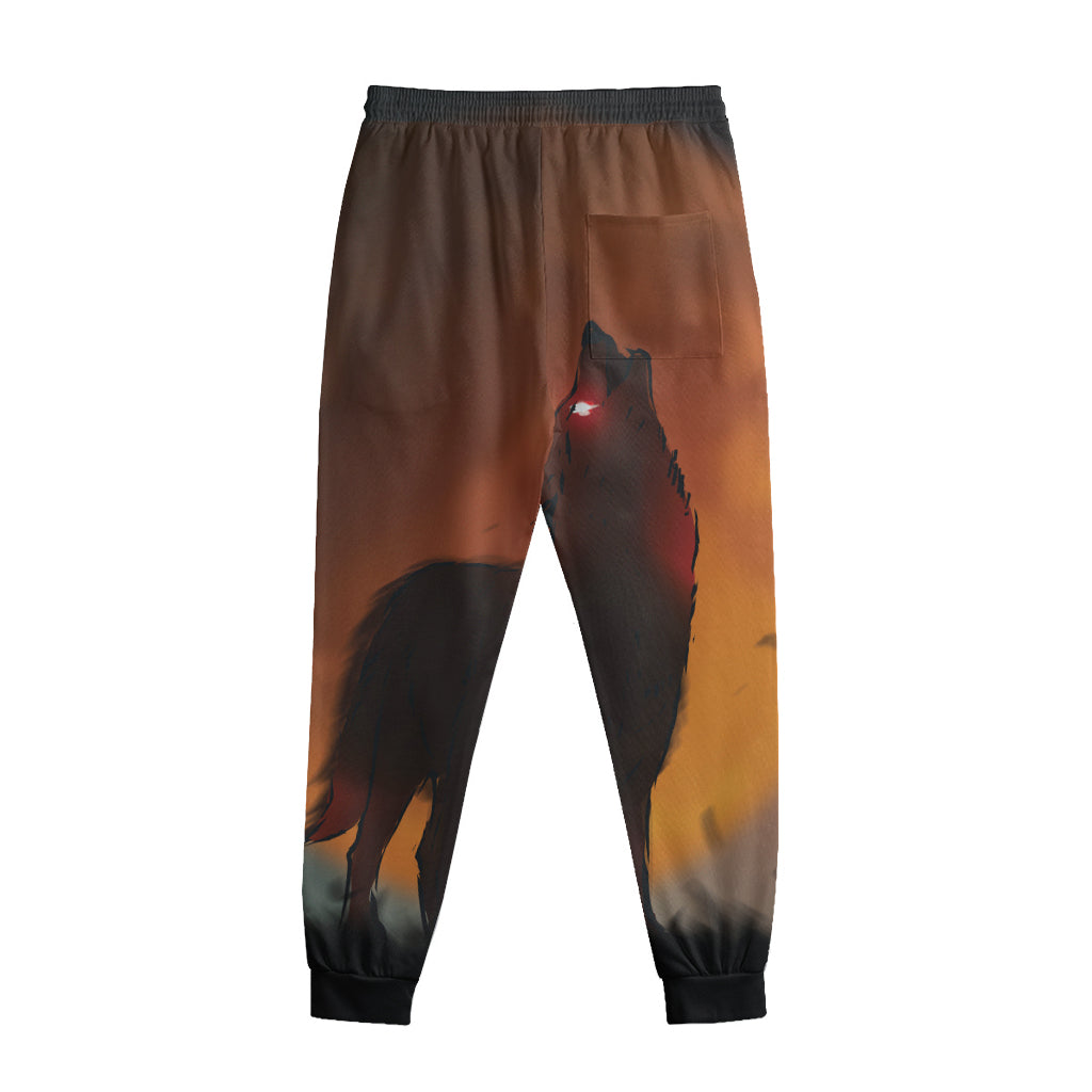 Red Moon Howling Wolf Print Sweatpants