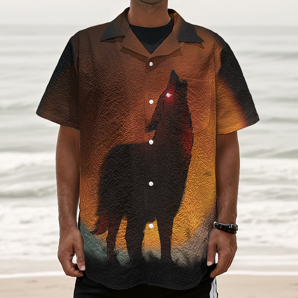 Red Moon Howling Wolf Print Textured Short Sleeve Shirt