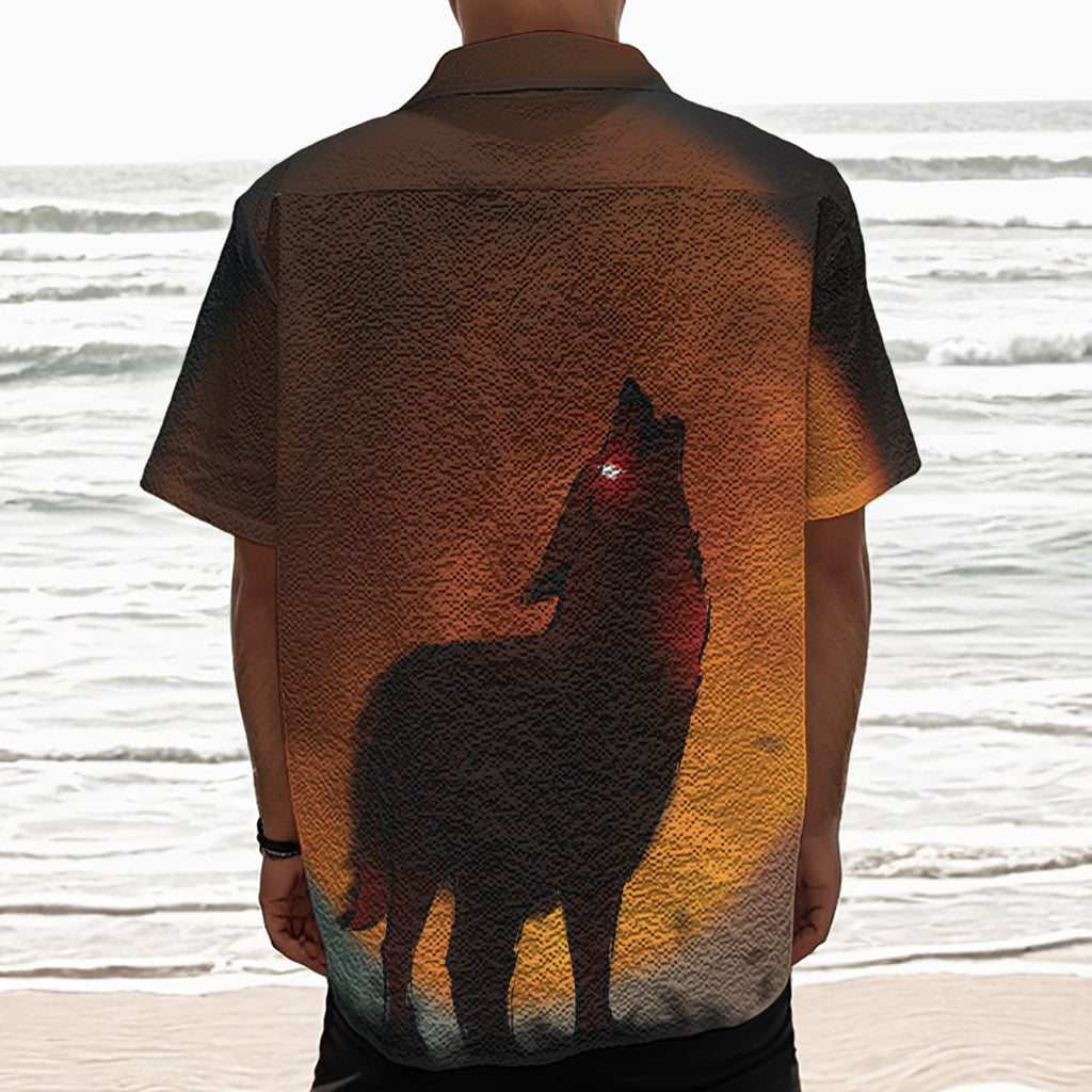 Red Moon Howling Wolf Print Textured Short Sleeve Shirt