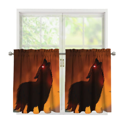 Red Moon Howling Wolf Print Tier Curtains