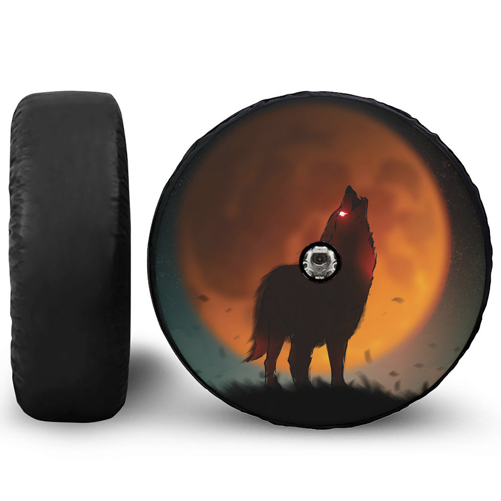 Red Moon Howling Wolf Print Tire Cover With Camera Hole