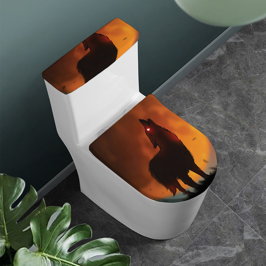 Red Moon Howling Wolf Print Toilet Lid And Tank Cover Set