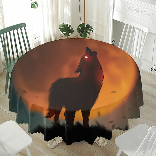 Red Moon Howling Wolf Print Waterproof Round Tablecloth